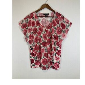 Cottagecore Adele & May Womens LG Red Floral Flutter Sleeve Ruffle Blouse 11327C